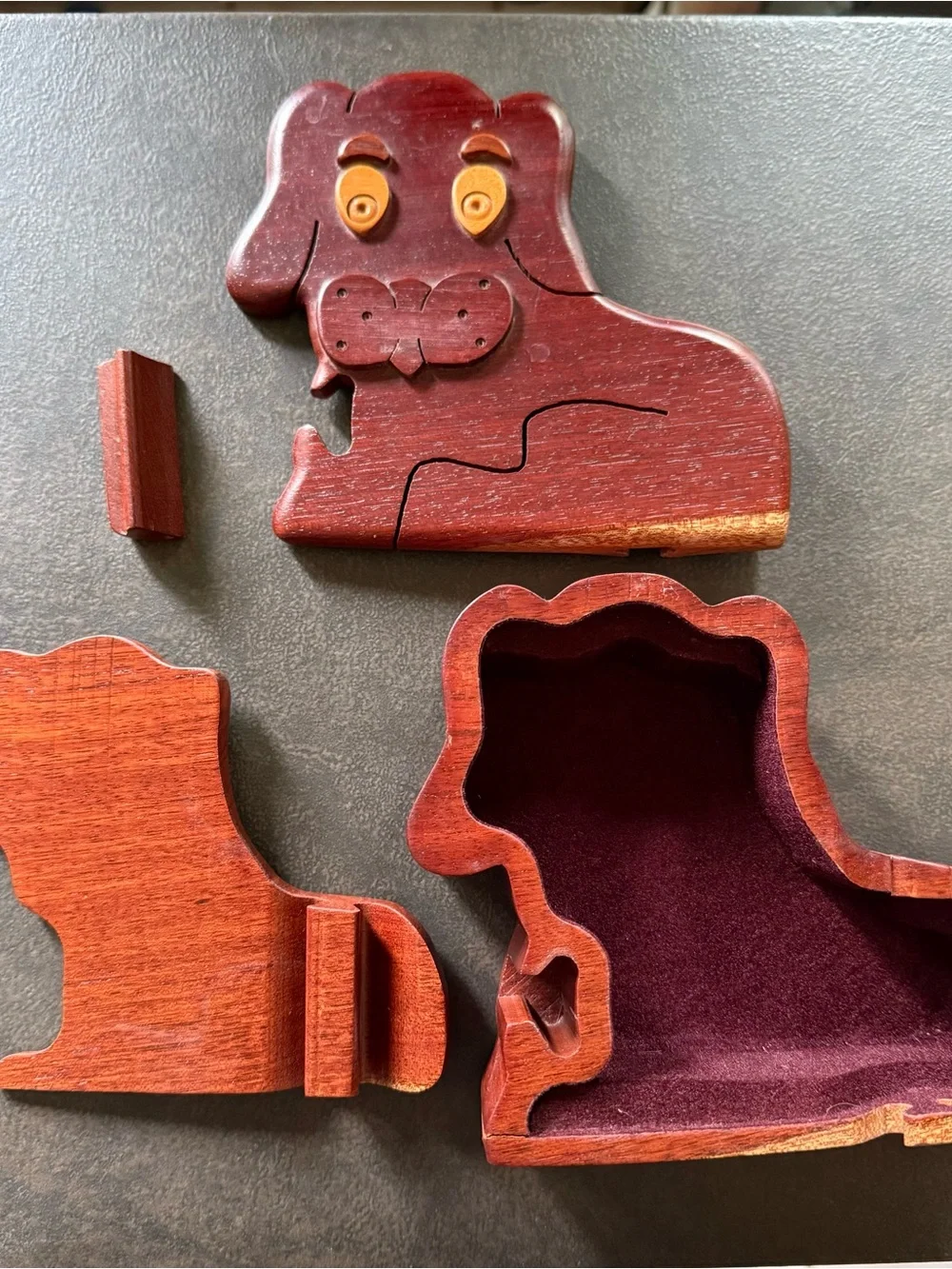 Handmade Wooden Dog Puzzle Box - Red Brown with Yellow Eyes
